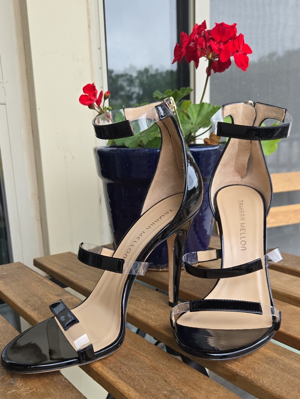 Tamara Mellon Frontline 75 Black Patent Clear Heels  Womens EU 38.5